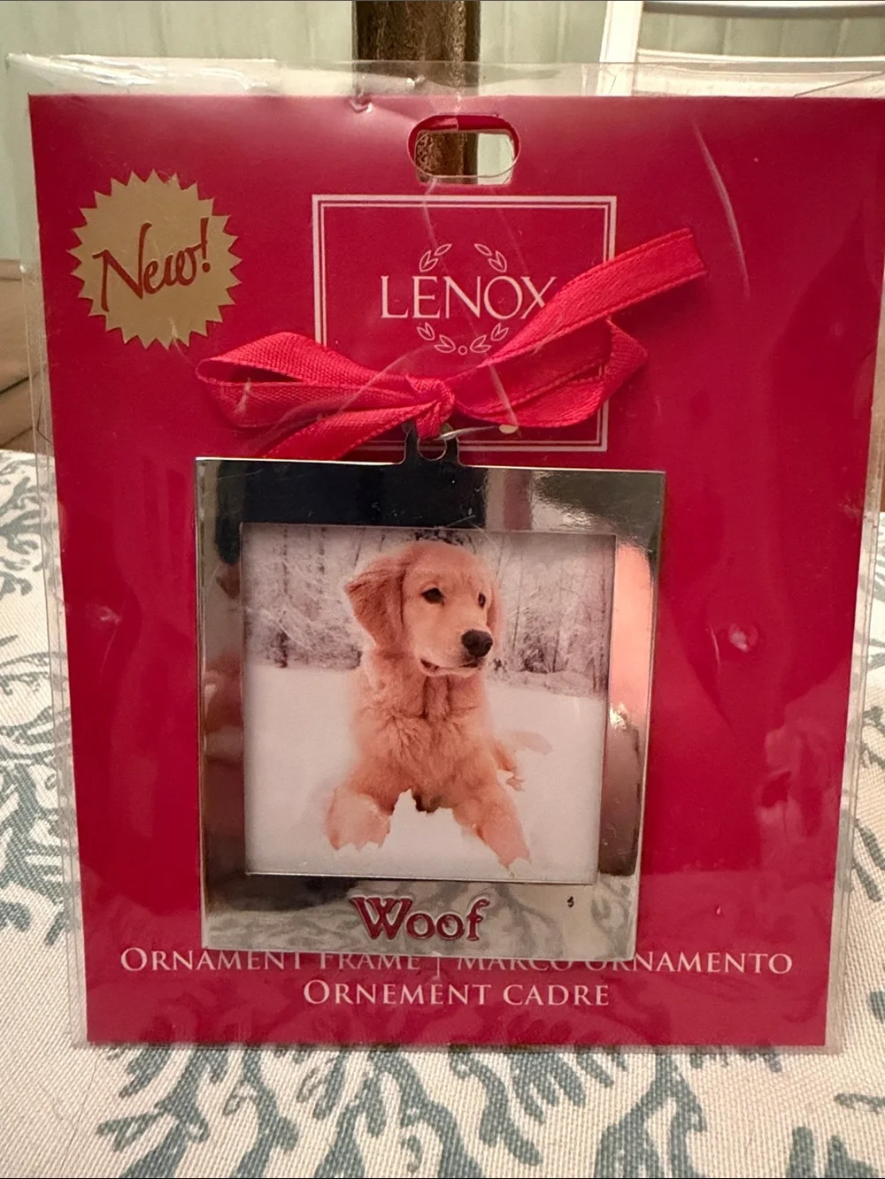 Lenox Red Ribbon Photo Ornament Frame with Silver Tone Accent NIB